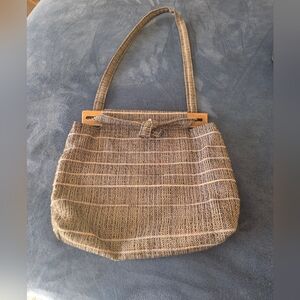 Tweedy Purse With Real Wood & Beautiful Plum Floral Lining. Tagged "Real Purses"